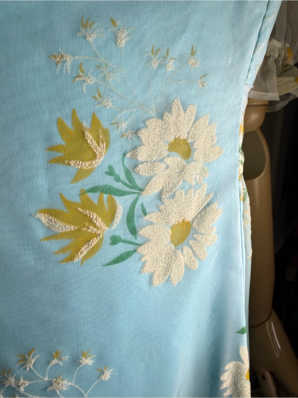 Vintage 60s Sky Blue Prairie Flocked Daisy Floral Ruffled Maxi Dress SMALL EUC - Picture 3 of 16